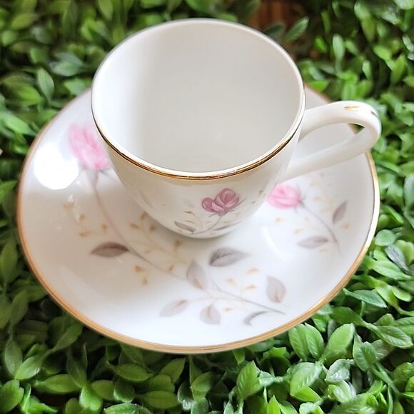 Vintage Japan Abalone China Flamingo Rose Demitasse Teacup & Saucer - Picture 3 of 12